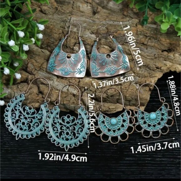 BRONZE turquoise boho engraved earrings bundle hammered stencil - Picture 5 of 5